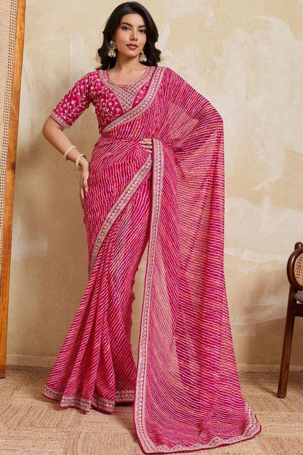 Georgette Leheriya Bandhej Saree with Embroidered Blouse