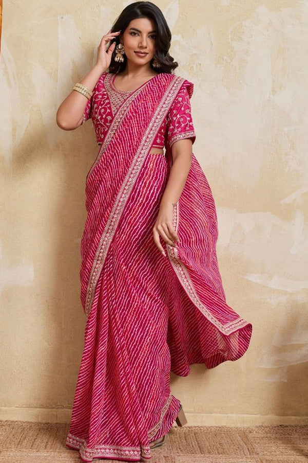 Georgette Leheriya Bandhej Saree with Embroidered Blouse