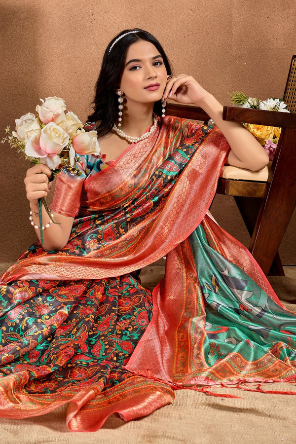 Multicolor Soft Silk Saree with Parrot Floral Print
