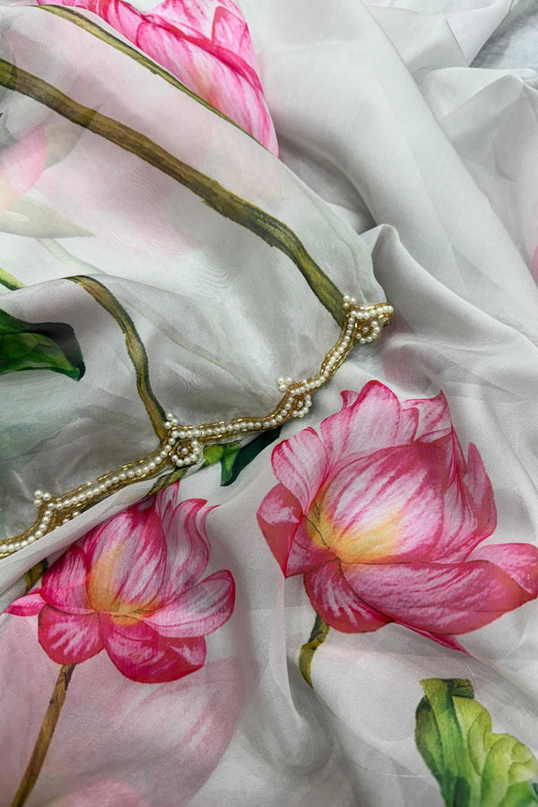 Off White Soft Organza Saree with Beads Katdana Handwork