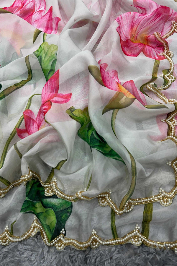 Off White Soft Organza Saree with Beads Katdana Handwork