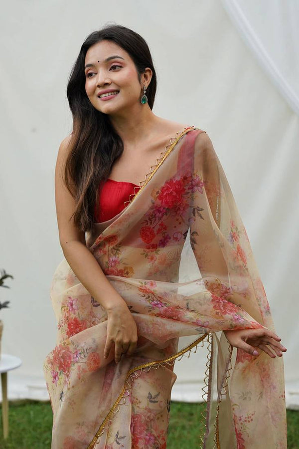Pure Organza Saree with Floral Print and Golden Cutdana Border