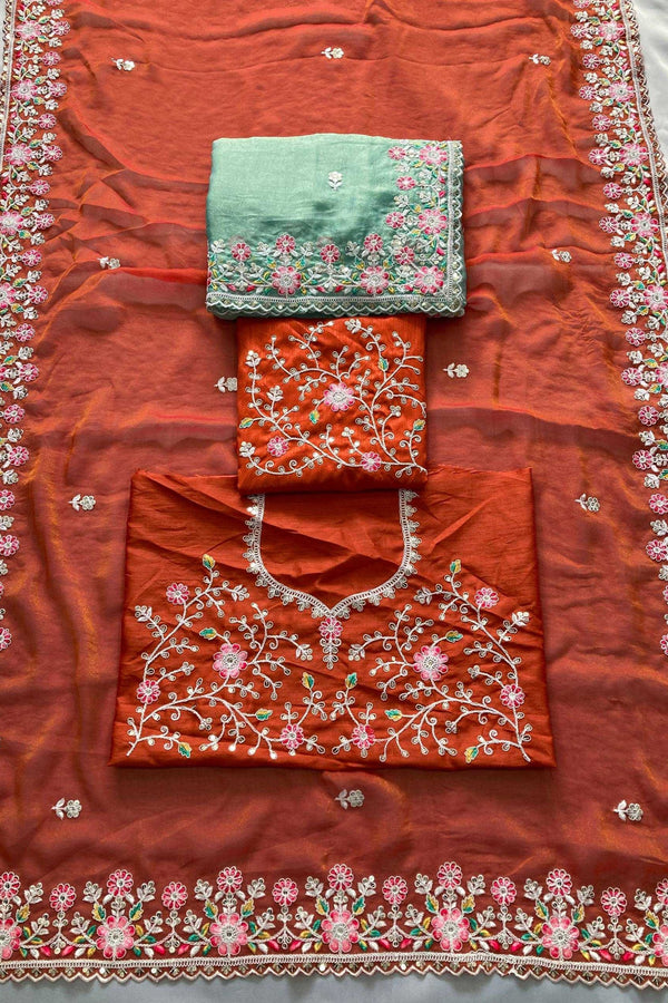 Sea Green Chiffon Saree with Embroidered Patch Border