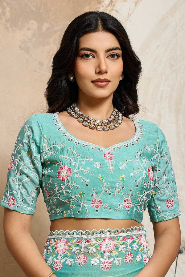 Sea Green Chiffon Saree with Embroidered Patch Border