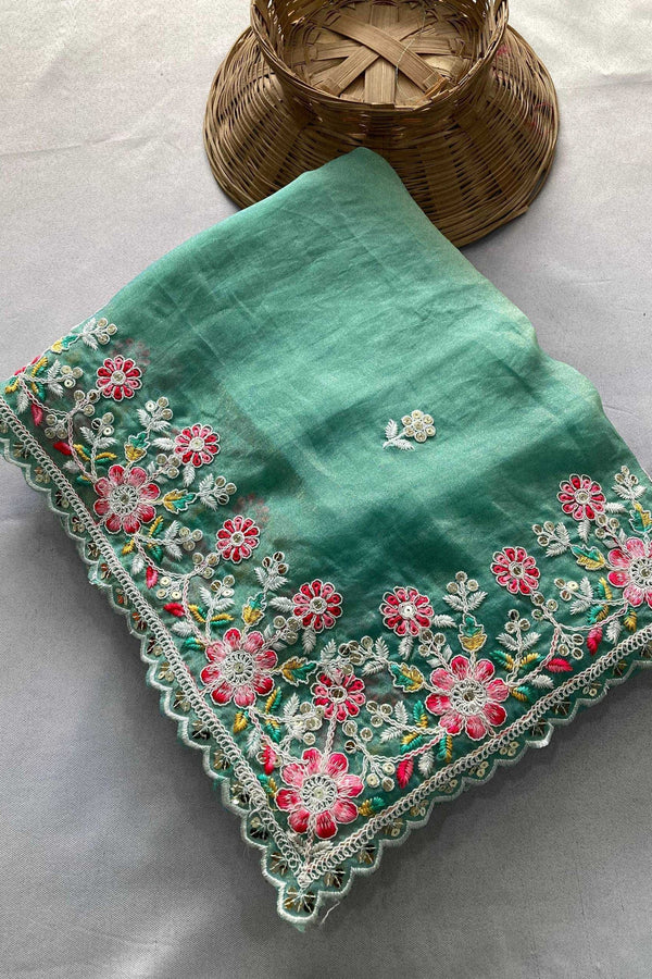 Sea Green Chiffon Saree with Embroidered Patch Border