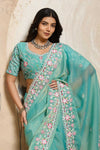 Sea Green Chiffon Saree with Embroidered Patch Border
