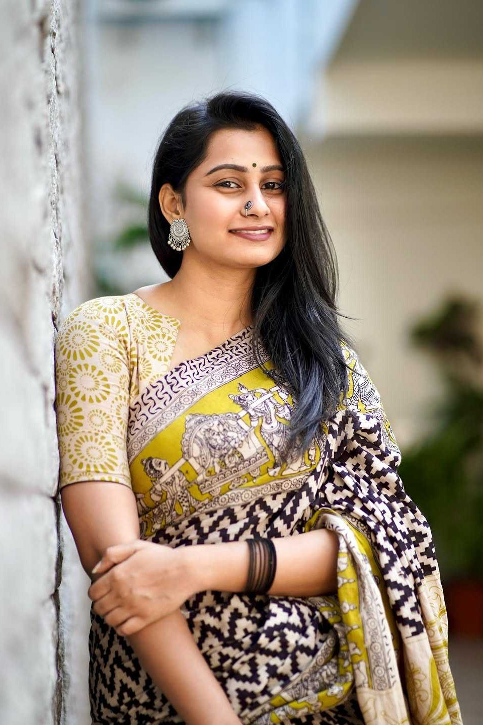 White Digital Print Linen Saree