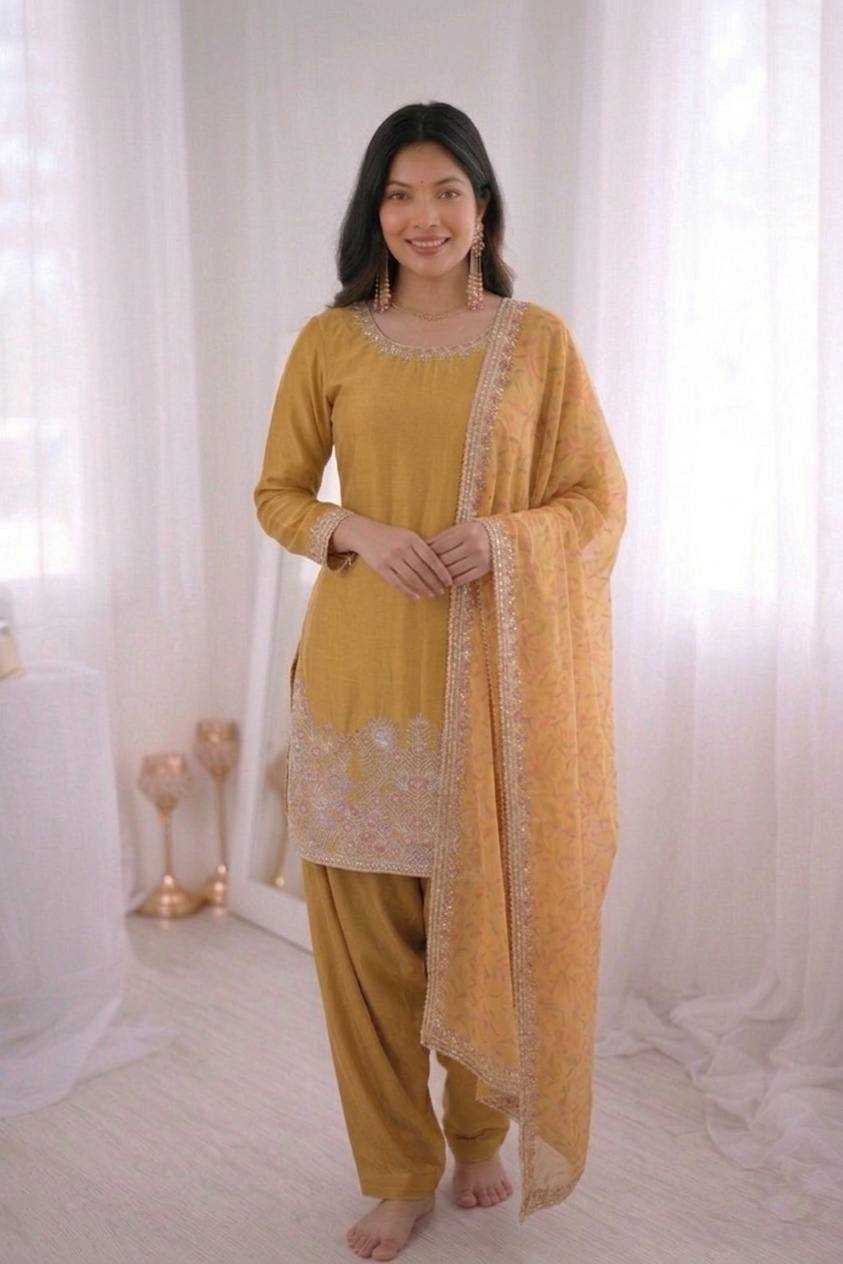 Mustard Yellow French Crepe Silk Suit Set With Moti Work