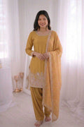 Mustard Yellow French Crepe Silk Suit Set With Moti Work