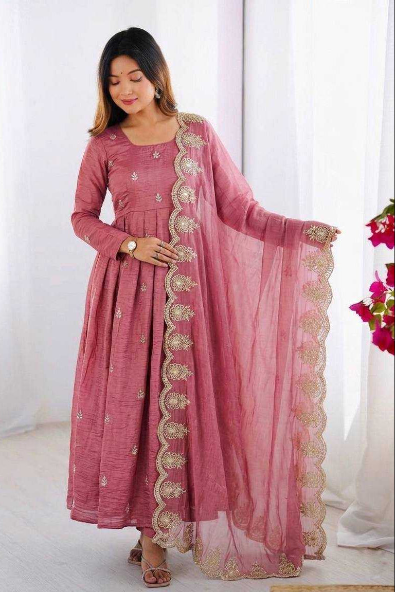 Heavy Embroidery Sequence Work Gold Crush Silk Gown