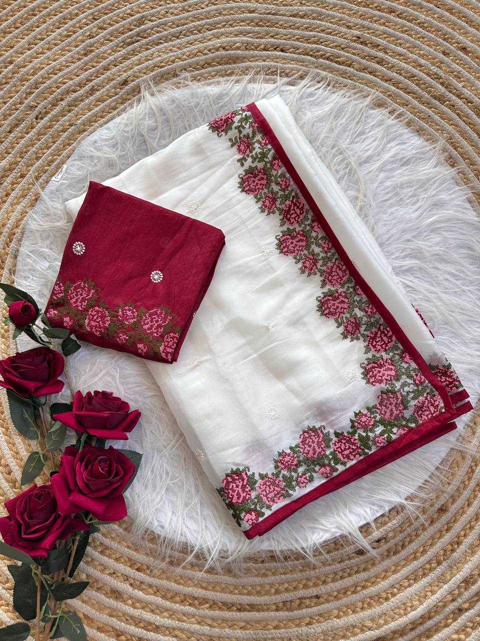 Pearl White Tissue Silk Saree With Maroon Cross Stitch Embroidery