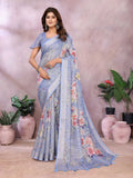 Pastel Blue Digital Floral Print Linen Saree With Shimmer Zari