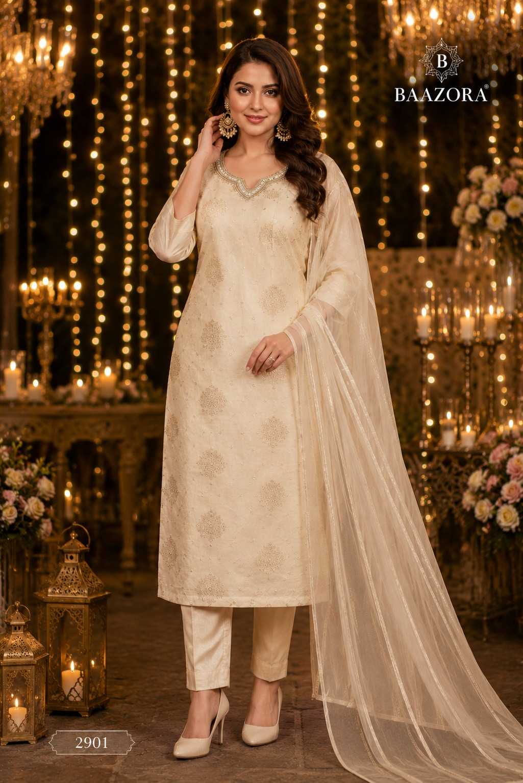Ivory Tissue Jacquard Kurti Pant Set With Organza Dupatta