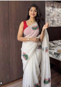 Off-White Peacock Print Crush Chiffon Saree With Contrast Blouse
