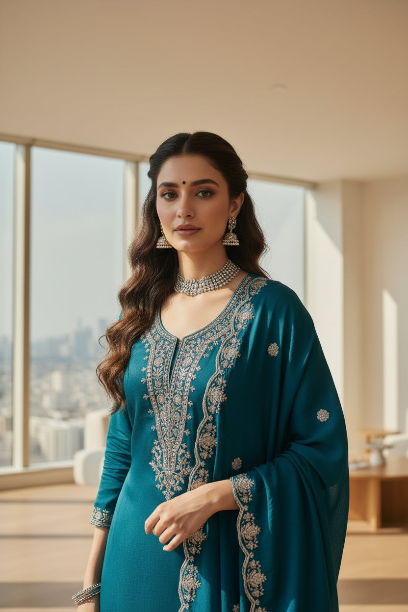 Woman in a teal traditional outfit with floral embroidery standing in a garden.