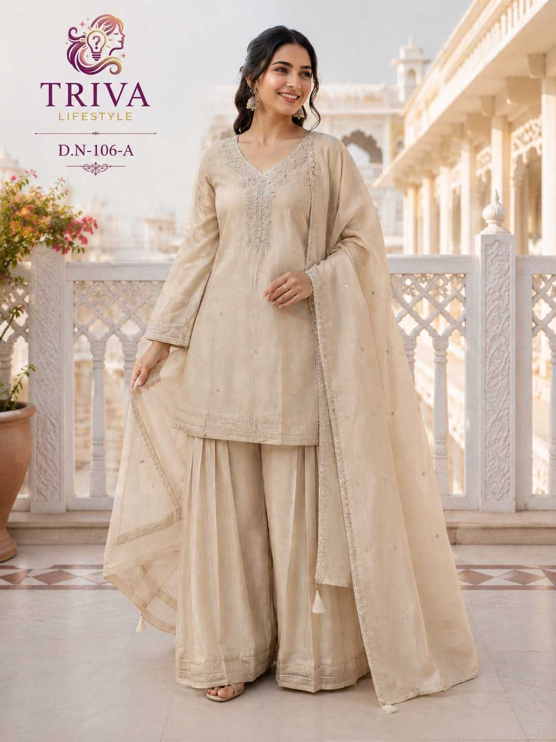 Beige Embroidered Crush Silk Palazzo Suit Set