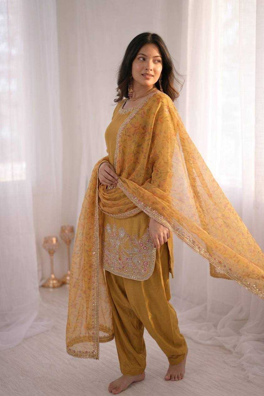 Mustard Yellow French Crepe Silk Suit Set With Moti Work
