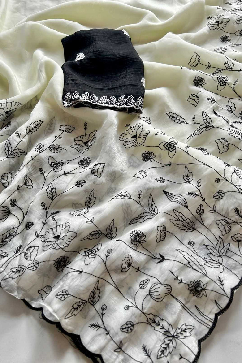 Off-White Floral Embroidered Satin Saree With Black Blouse