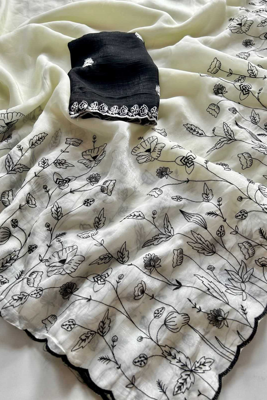Off-White Floral Embroidered Satin Saree With Black Blouse