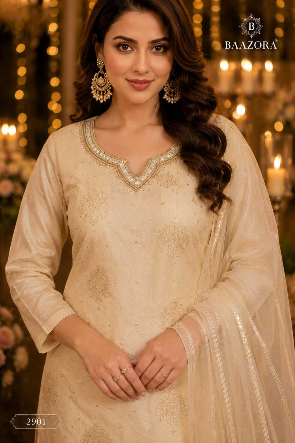 Ivory Tissue Jacquard Kurti Pant Set With Organza Dupatta