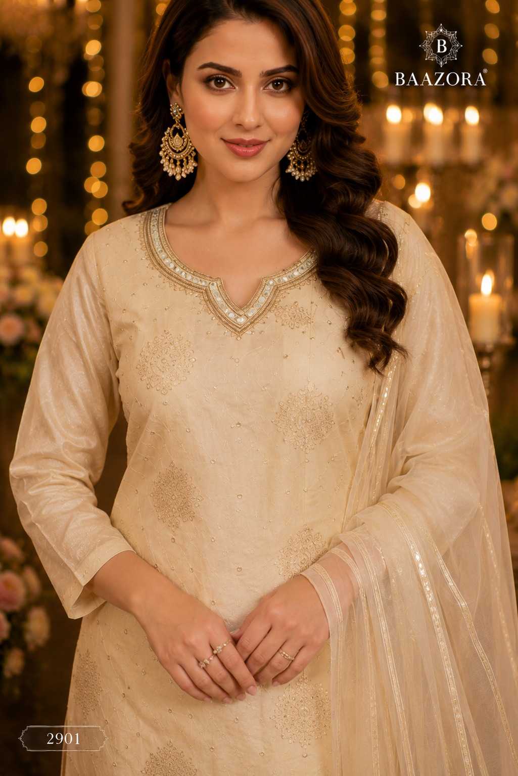 Ivory Tissue Jacquard Kurti Pant Set With Organza Dupatta