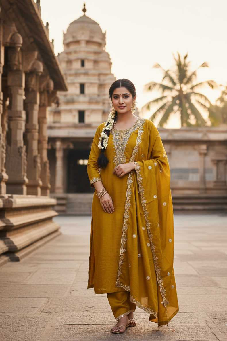 Elegant Blooming Rust Embroidery Vichitra Blooming Salwar Suit