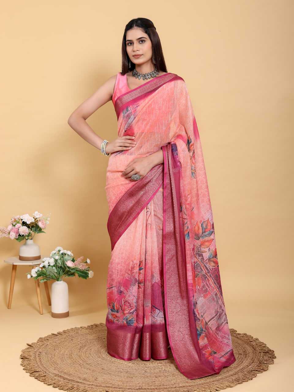 Peach Floral Digital Print Linen Saree With Jacquard Border