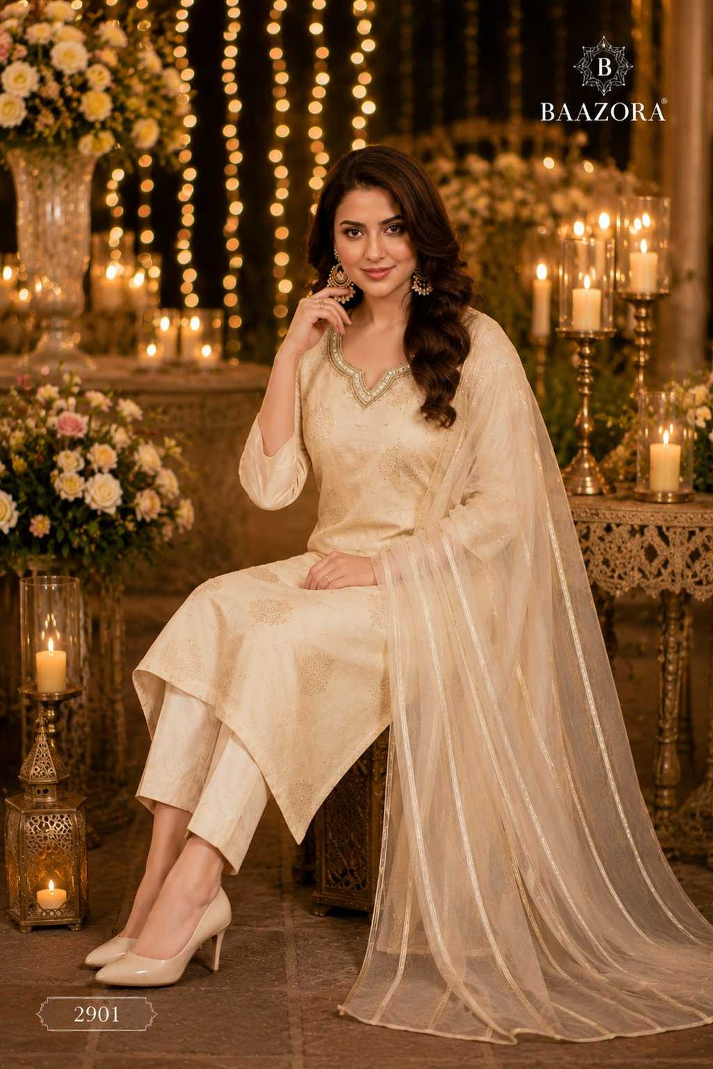 Ivory Tissue Jacquard Kurti Pant Set With Organza Dupatta
