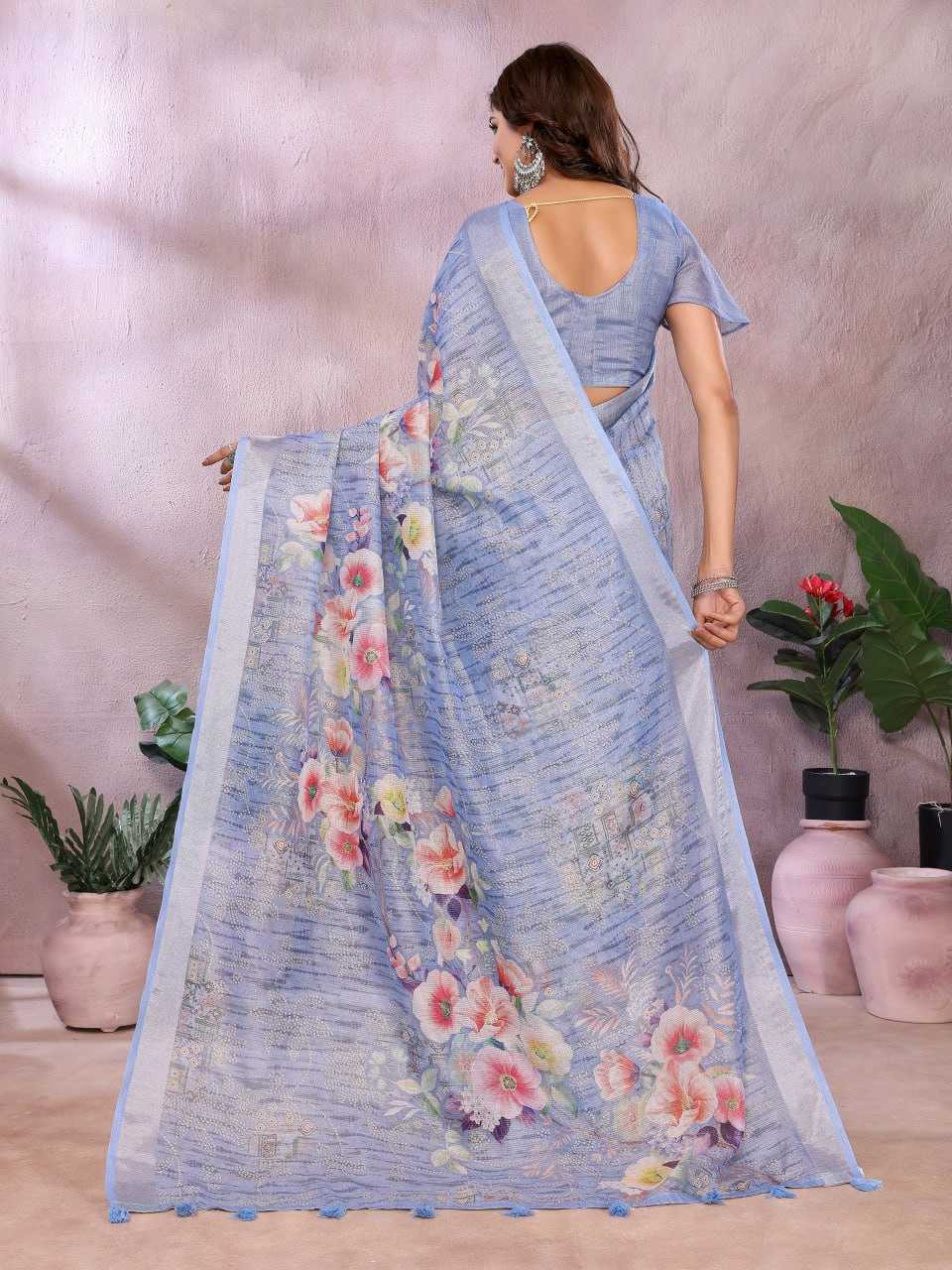 Pastel Blue Digital Floral Print Linen Saree With Shimmer Zari