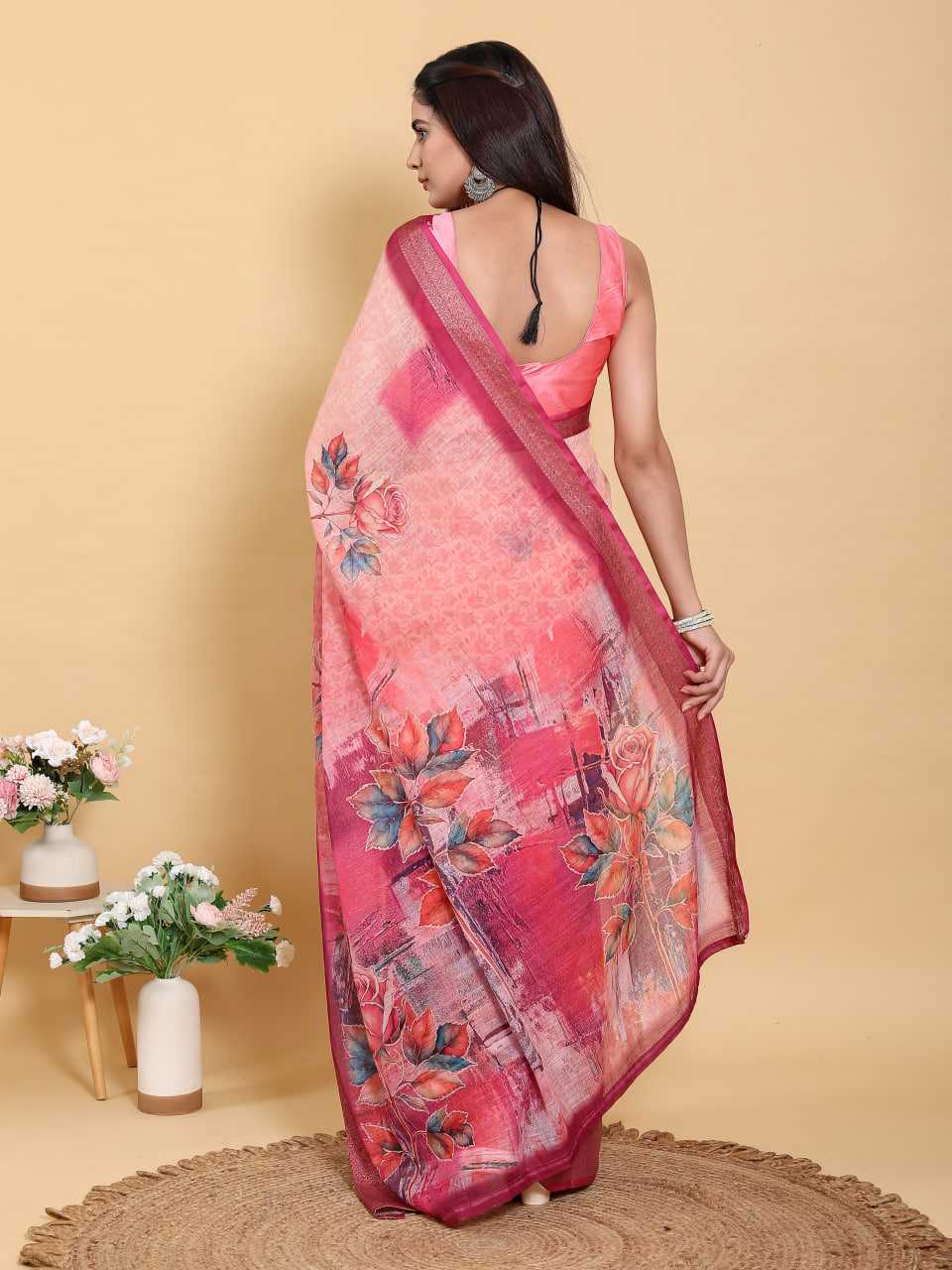 Peach Floral Digital Print Linen Saree With Jacquard Border