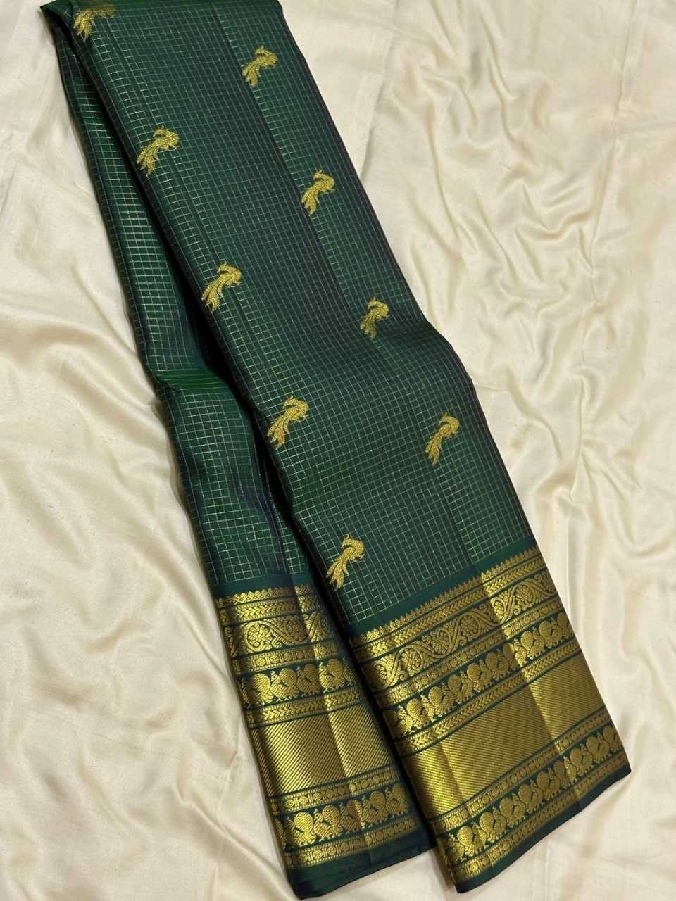 Bottle Green Banarasi Soft Silk Saree With Gold Zari Weave
