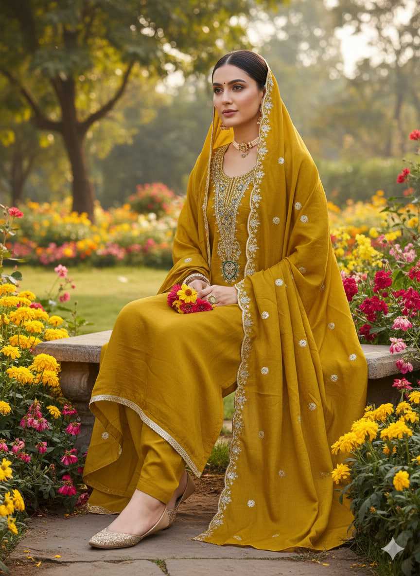 Elegant Blooming Rust Embroidery Vichitra Blooming Salwar Suit