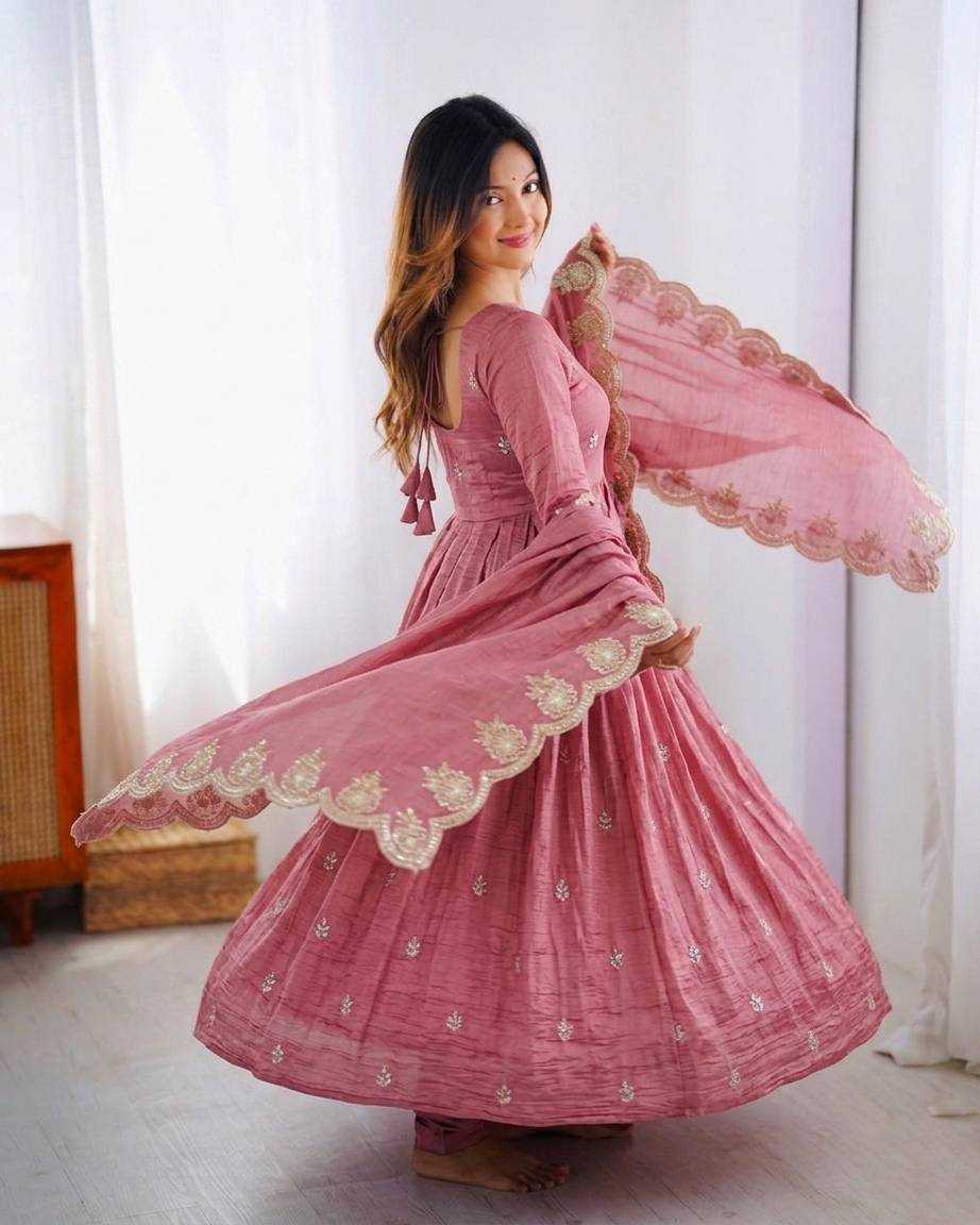 Heavy Embroidery Sequence Work Gold Crush Silk Gown