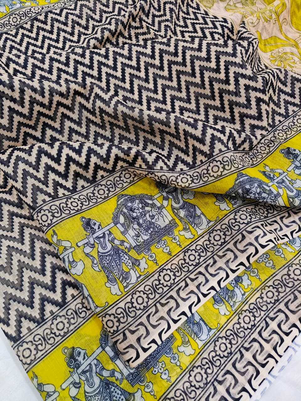 White Digital Print Linen Saree