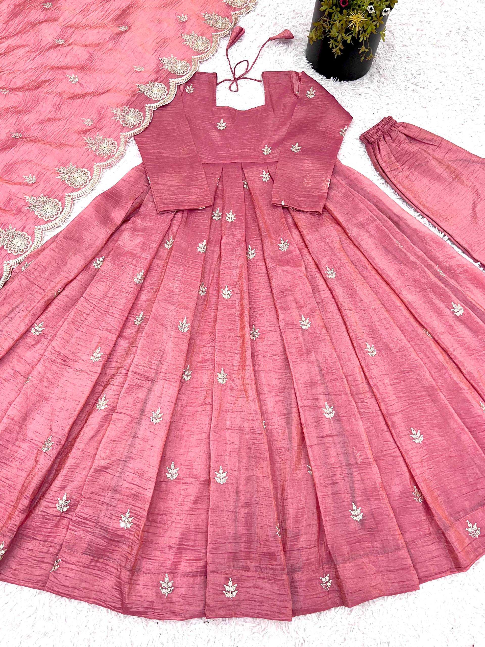 Heavy Embroidery Sequence Work Gold Crush Silk Anarkali Gown