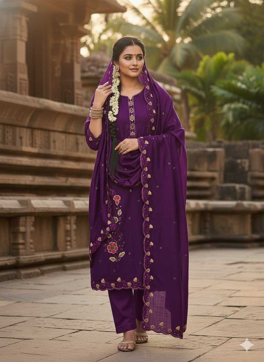 Rust Embroidery Vichitra Blooming Unstitched Suit