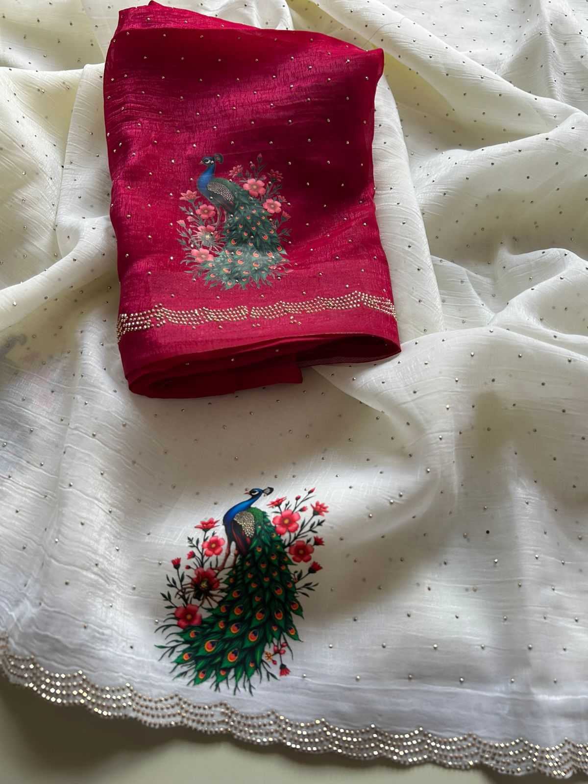 Off-White Peacock Print Crush Chiffon Saree With Contrast Blouse