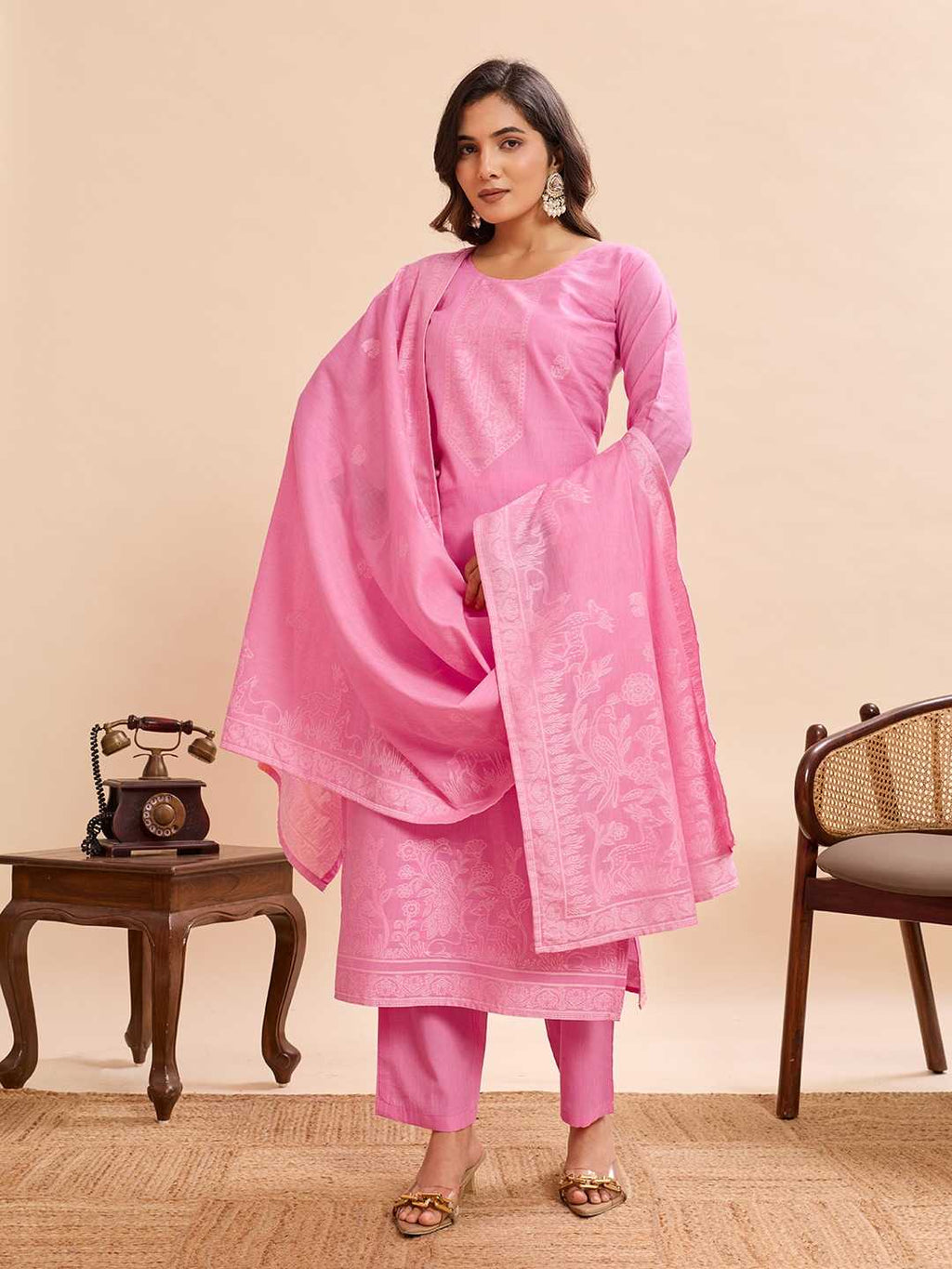 Pastel Pink Floral Jamdani Weave Pure Cotton Straight Suit Set