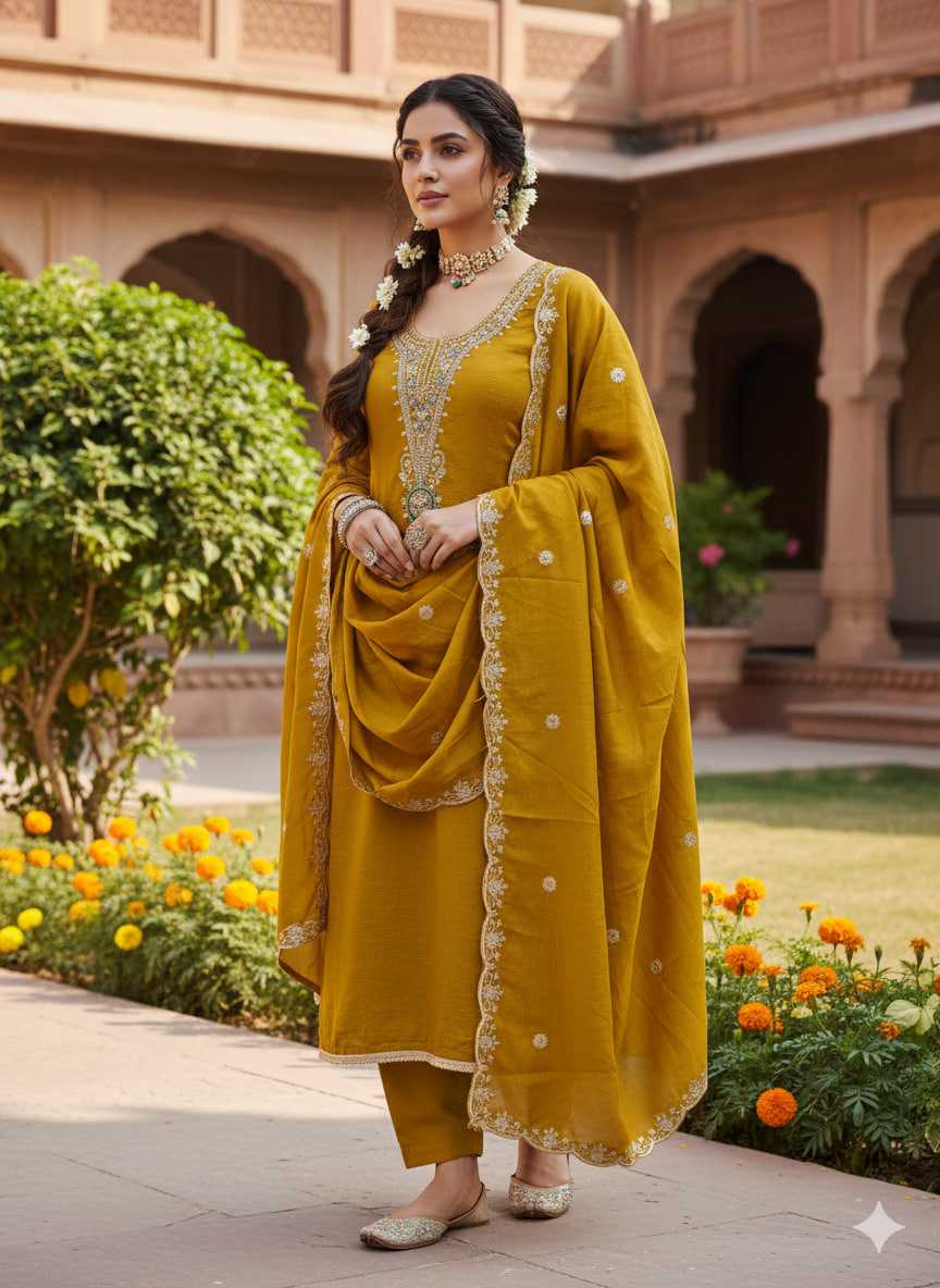 Elegant Blooming Rust Embroidery Vichitra Blooming Salwar Suit
