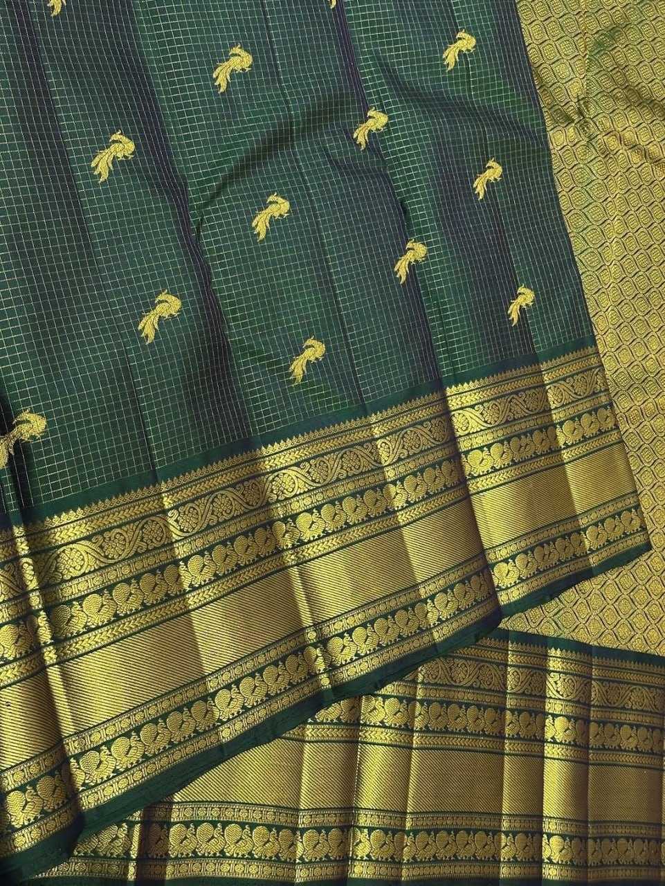 Bottle Green Banarasi Soft Silk Saree With Gold Zari Weave