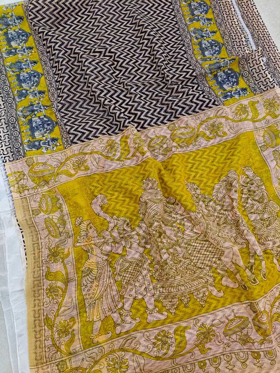 White Digital Print Linen Saree
