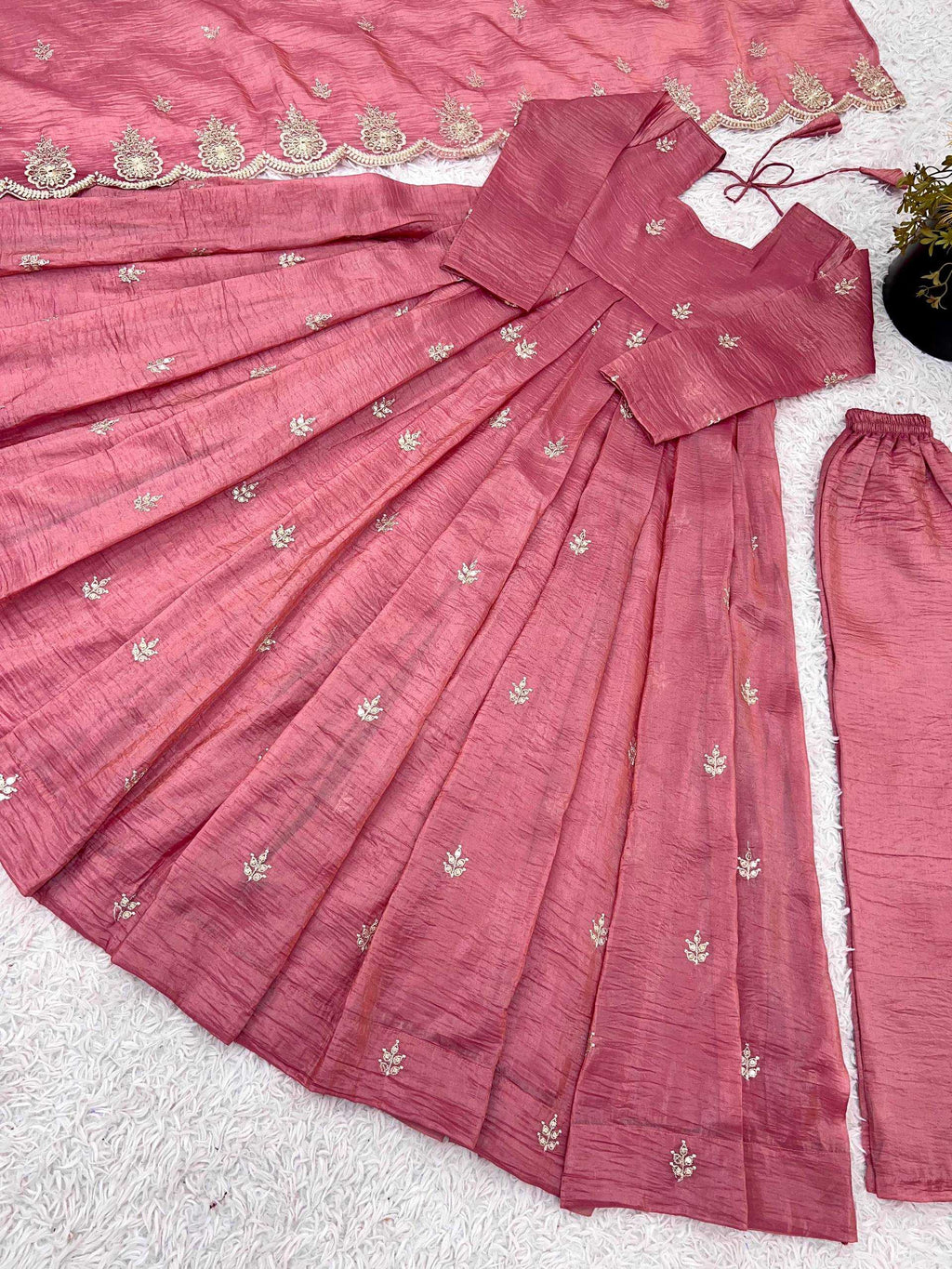 Heavy Embroidery Sequence Work Gold Crush Silk Anarkali Gown