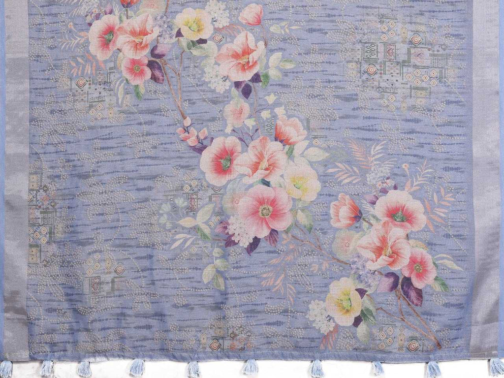 Pastel Blue Digital Floral Print Linen Saree With Shimmer Zari