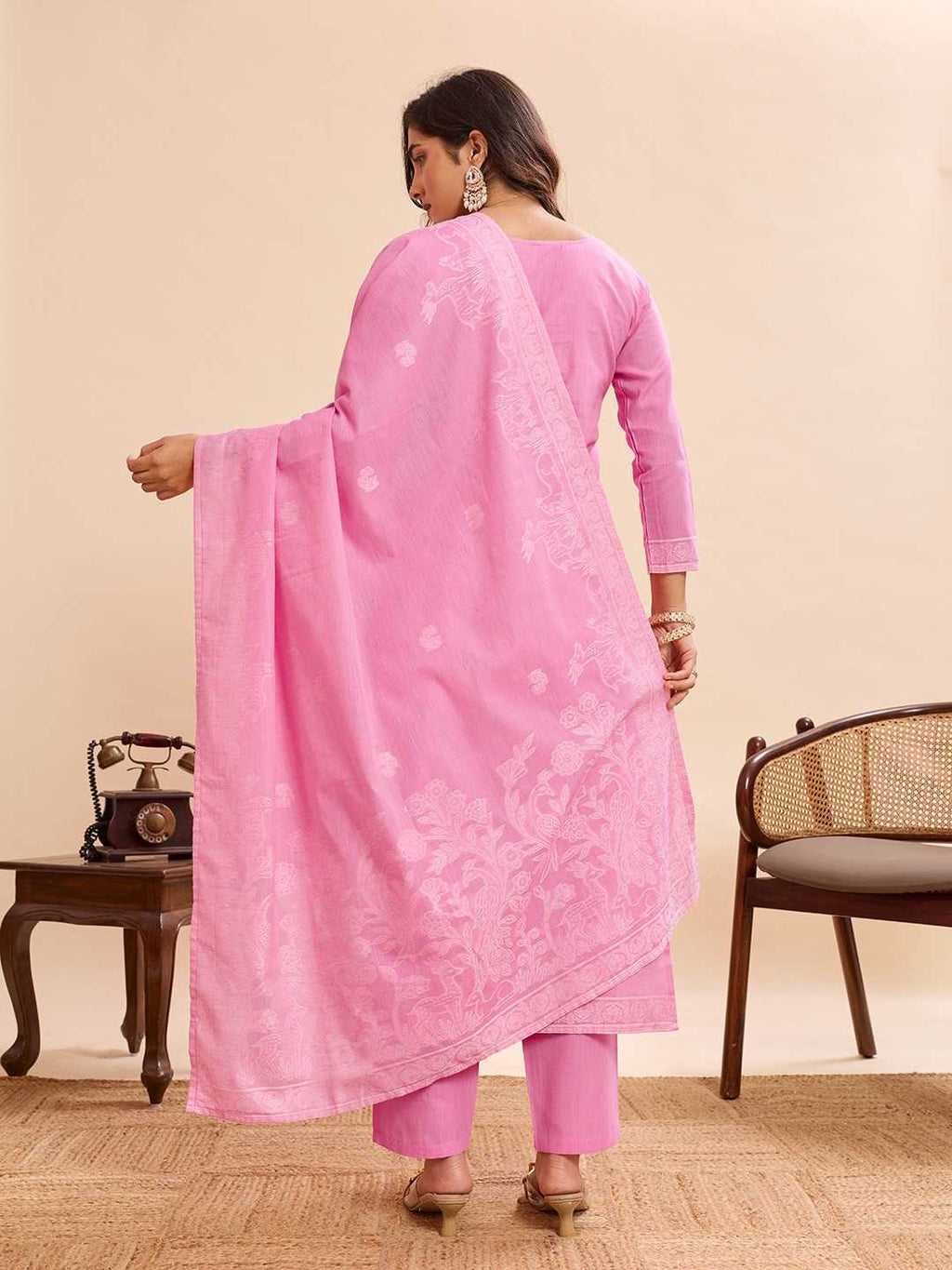 Pastel Pink Floral Jamdani Weave Pure Cotton Straight Suit Set