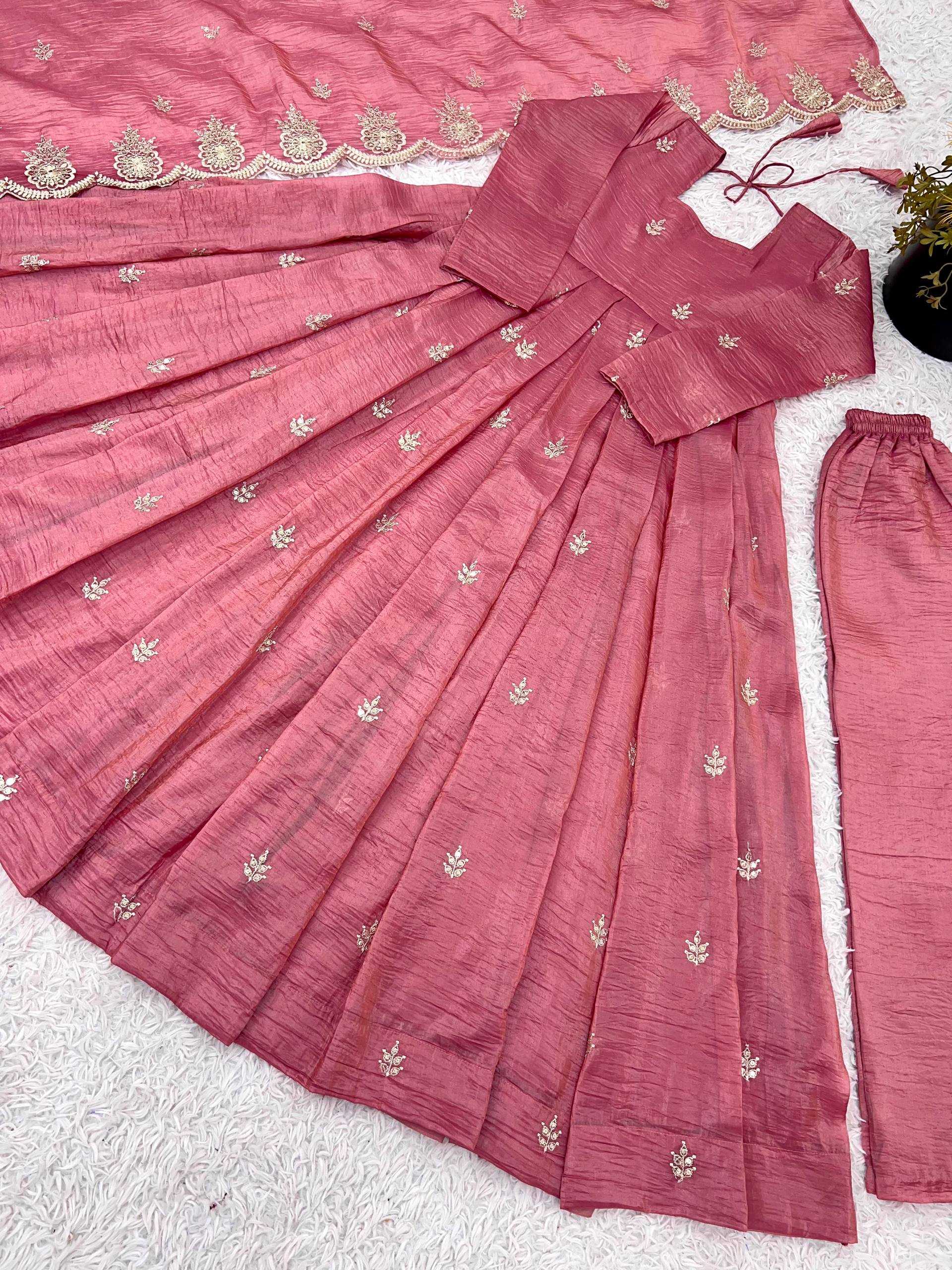 Heavy Embroidery Sequence Work Gold Crush Silk Gown
