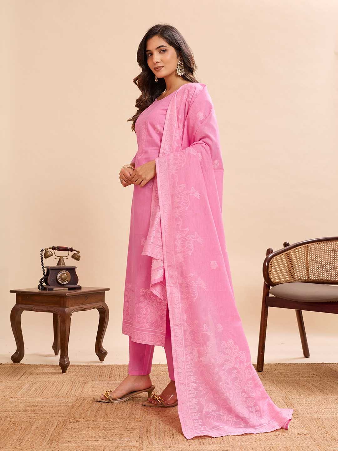 Pastel Pink Floral Jamdani Weave Pure Cotton Straight Suit Set