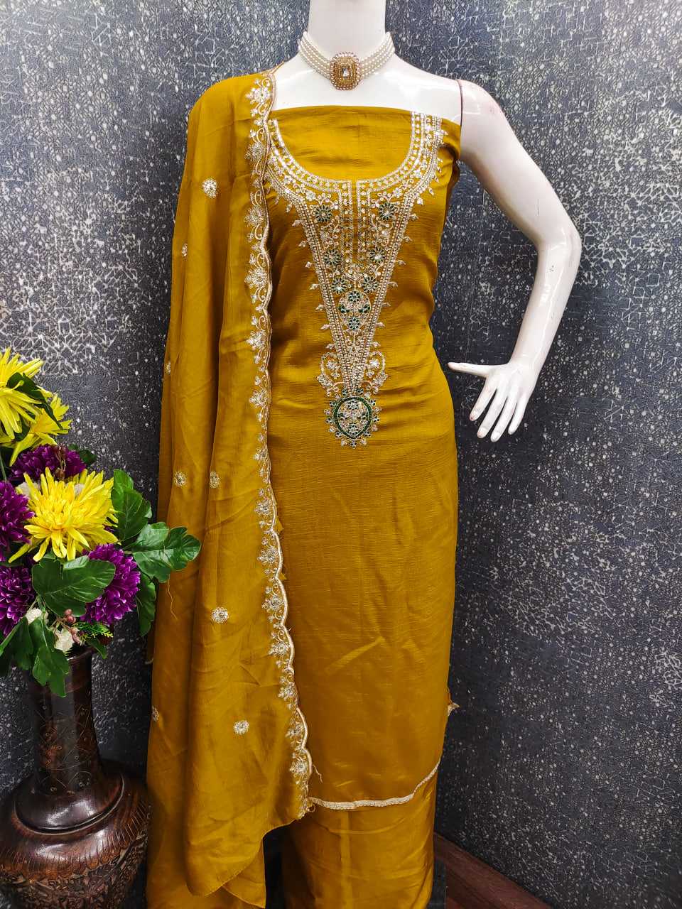 Elegant Blooming Rust Embroidery Vichitra Blooming Salwar Suit