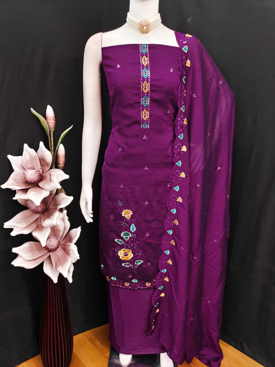 Rust Embroidery Vichitra Blooming Unstitched Suit