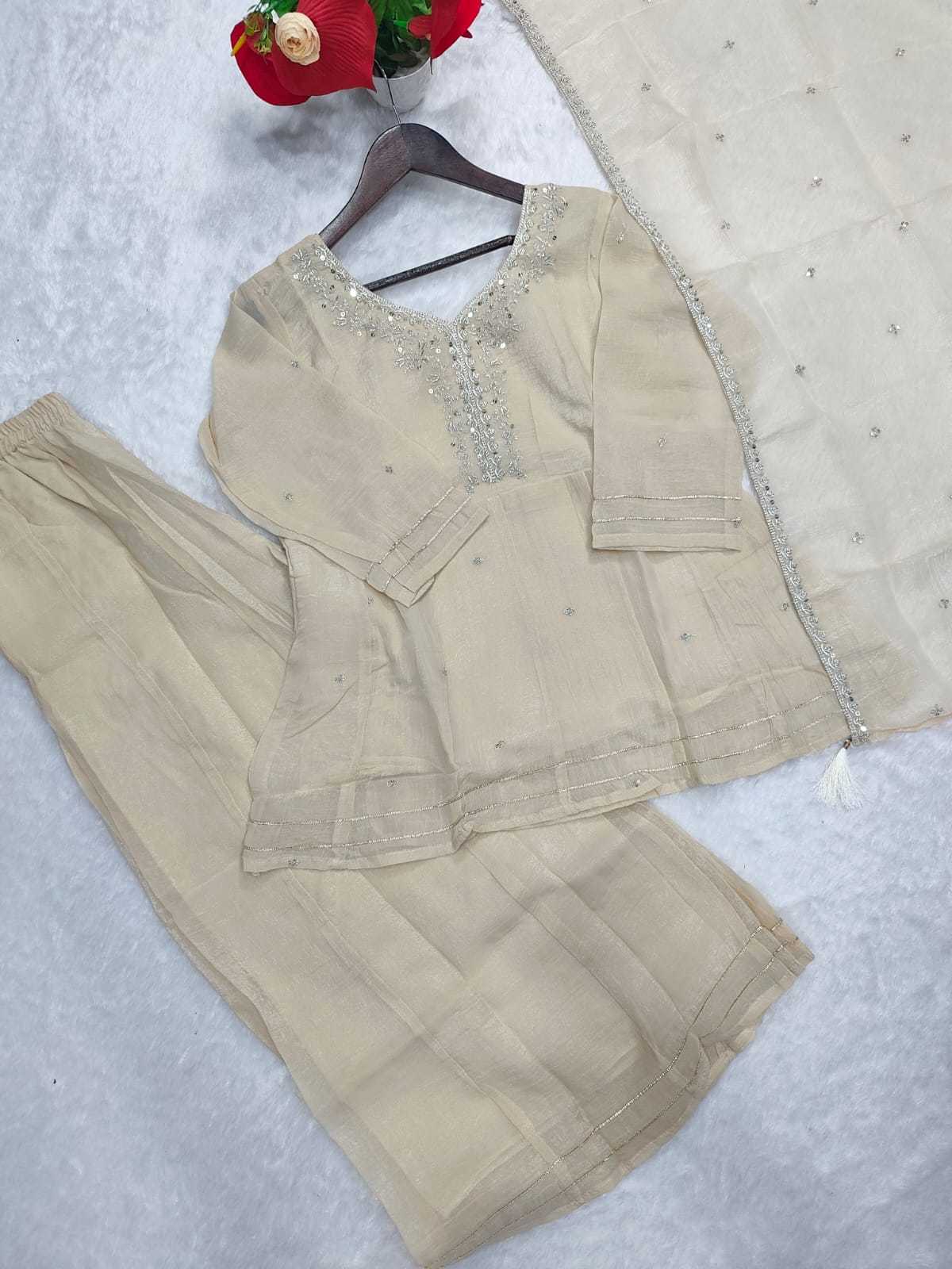Beige Embroidered Crush Silk Palazzo Suit Set