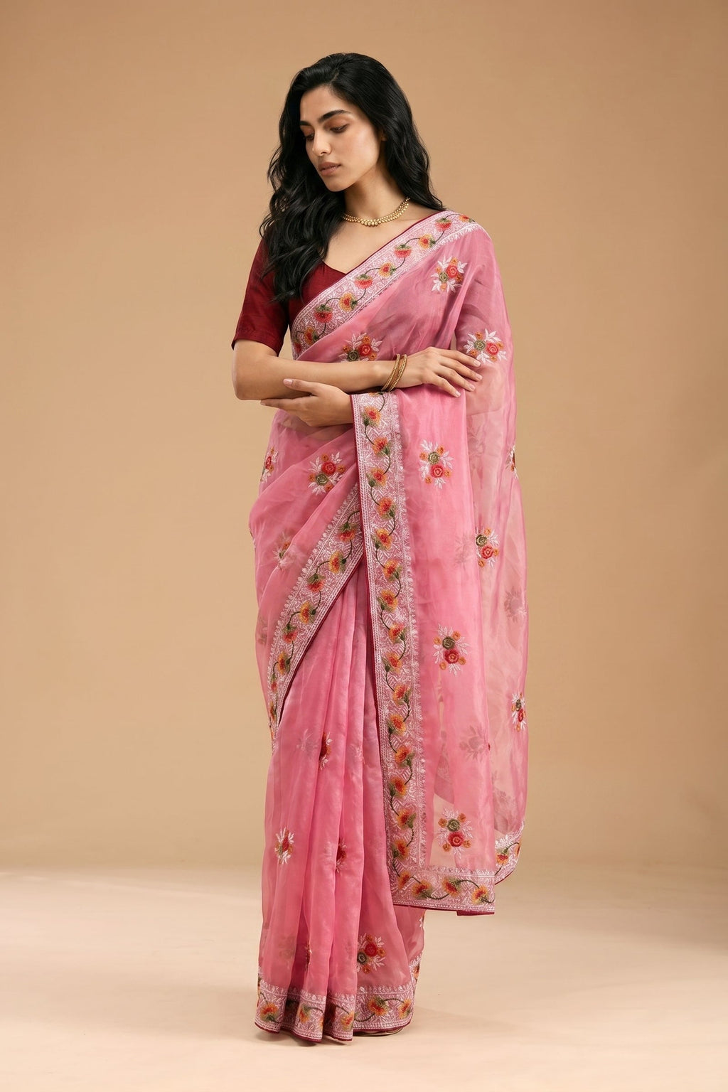 Pastel Pink Floral Thread Embroidery Soft Organza Silk Saree